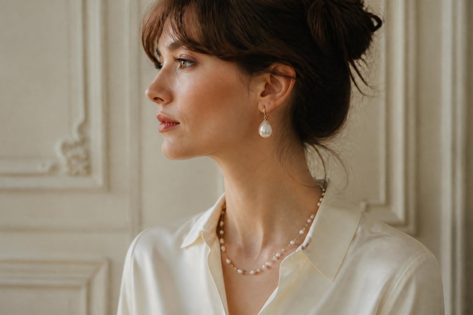 A woman wearing Lespéra pearl jewelry