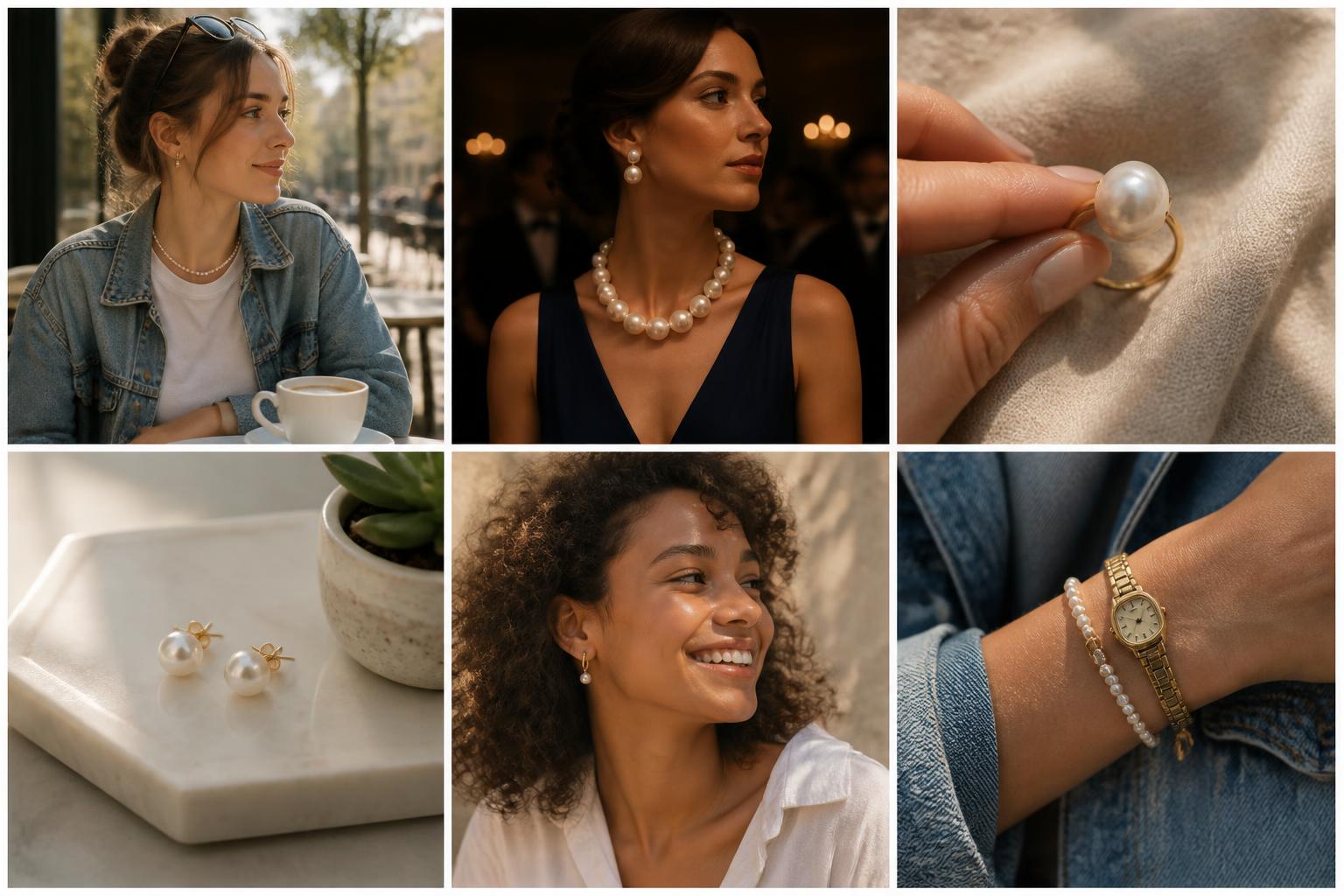 Lespéra Instagram grid — casual pearl styling with denim, coffee, natural light, and everyday moments