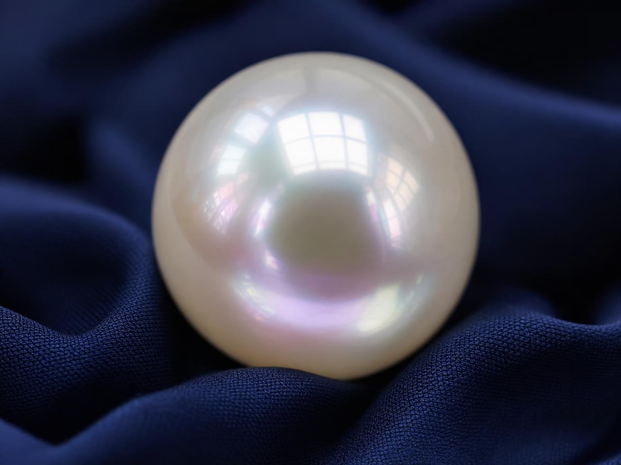 A single round white pearl on navy silk, its surface reflecting light with mirror-like luster