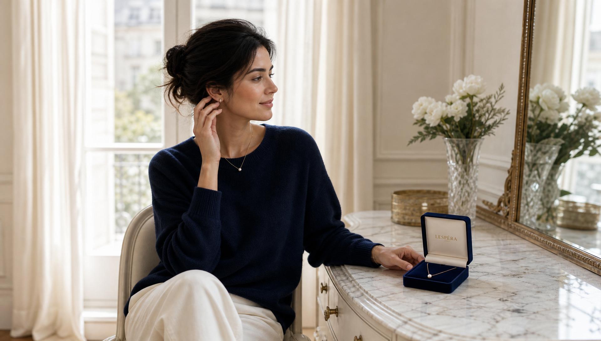 A woman in a relaxed navy cashmere sweater and cream trousers wearing a small pearl necklace, touching her pearl earring beside a small open navy Lespéra jewelry box with a cream velvet interior