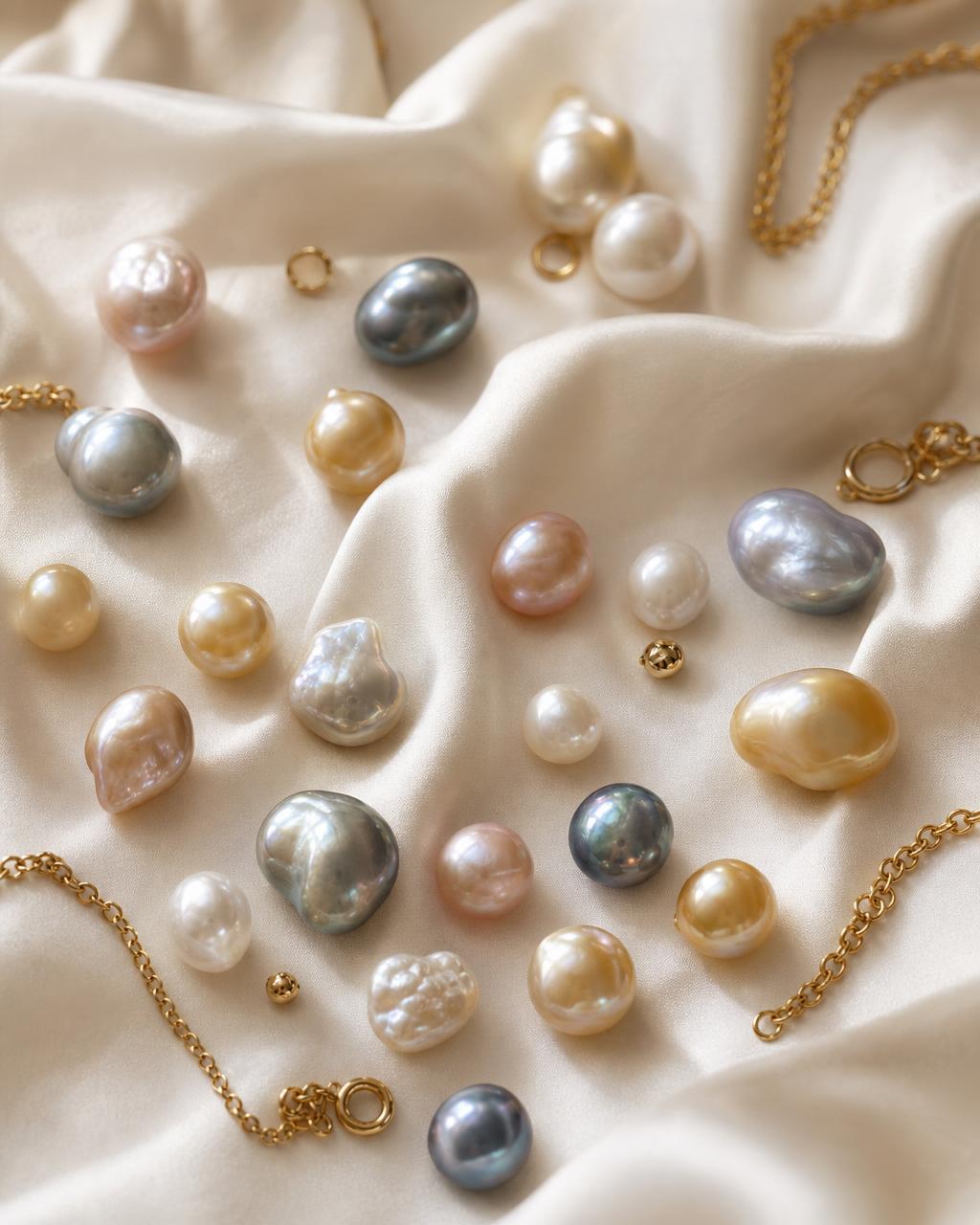 Natural freshwater pearls in a refined palette — deep blue-grey, powder blue, ivory, gold, and blush pink — with baroque and round shapes, gold findings, and delicate chains on silk