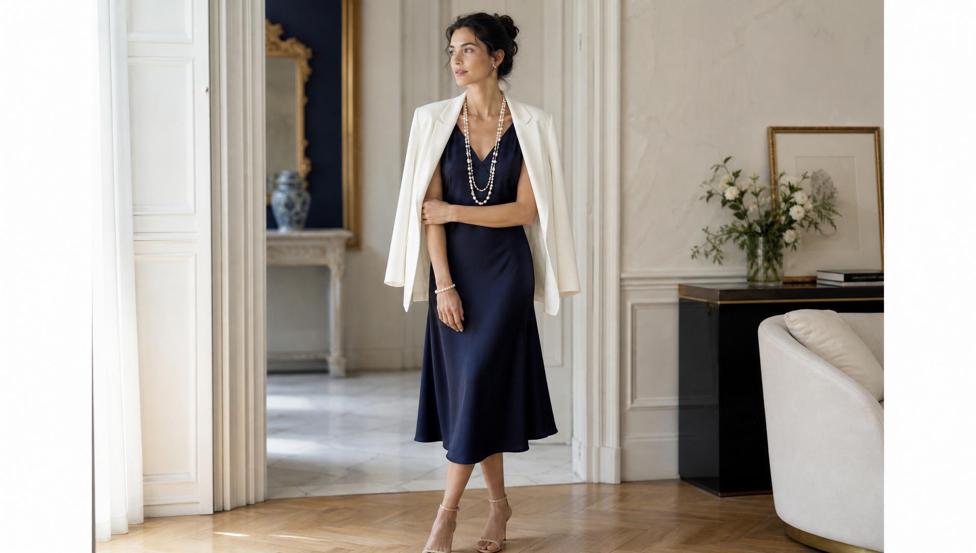 A woman in a navy silk dress and draped white blazer wearing a long layered pearl rope necklace and pearl bracelet